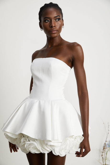 Aurohaya Maëlys white petal-layered strapless corset mini dress
