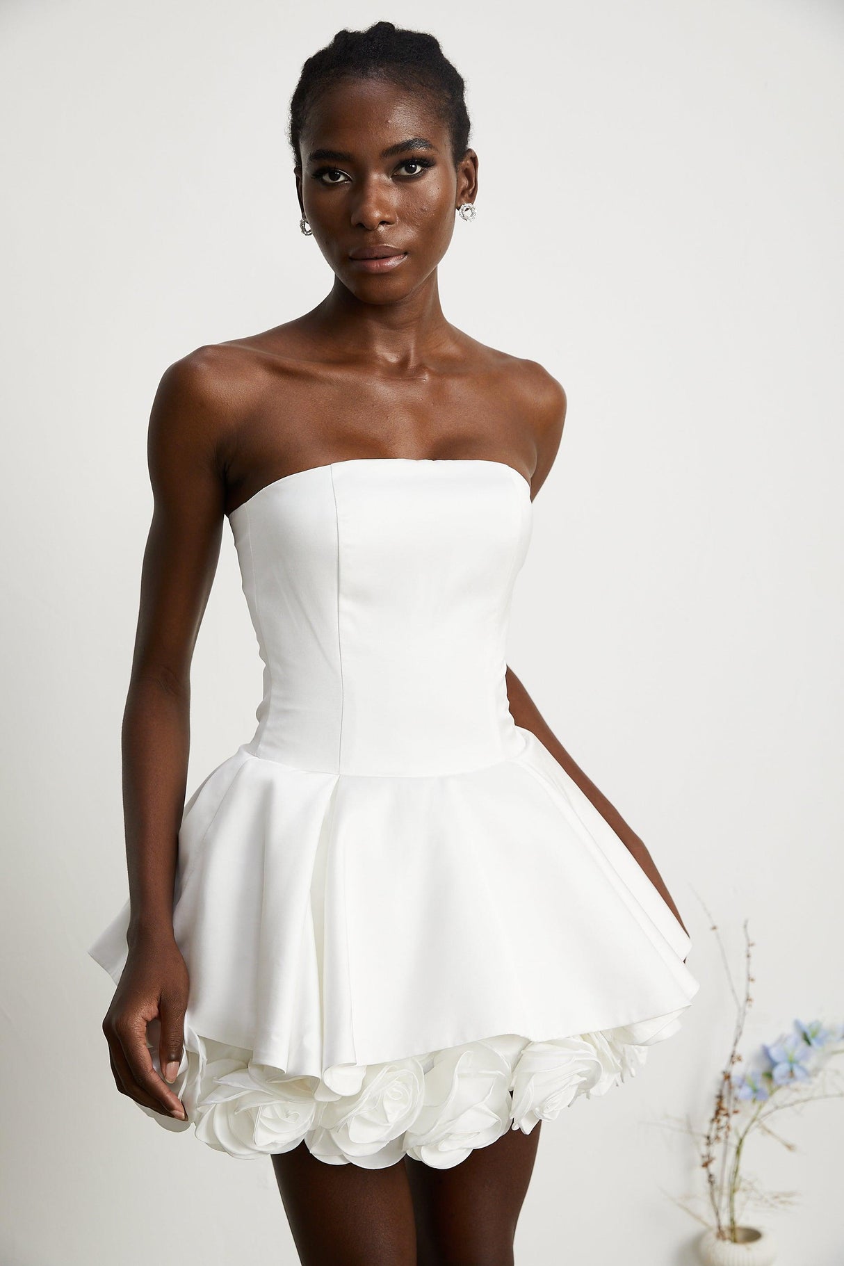 Aurohaya Maëlys white petal-layered strapless corset mini dress