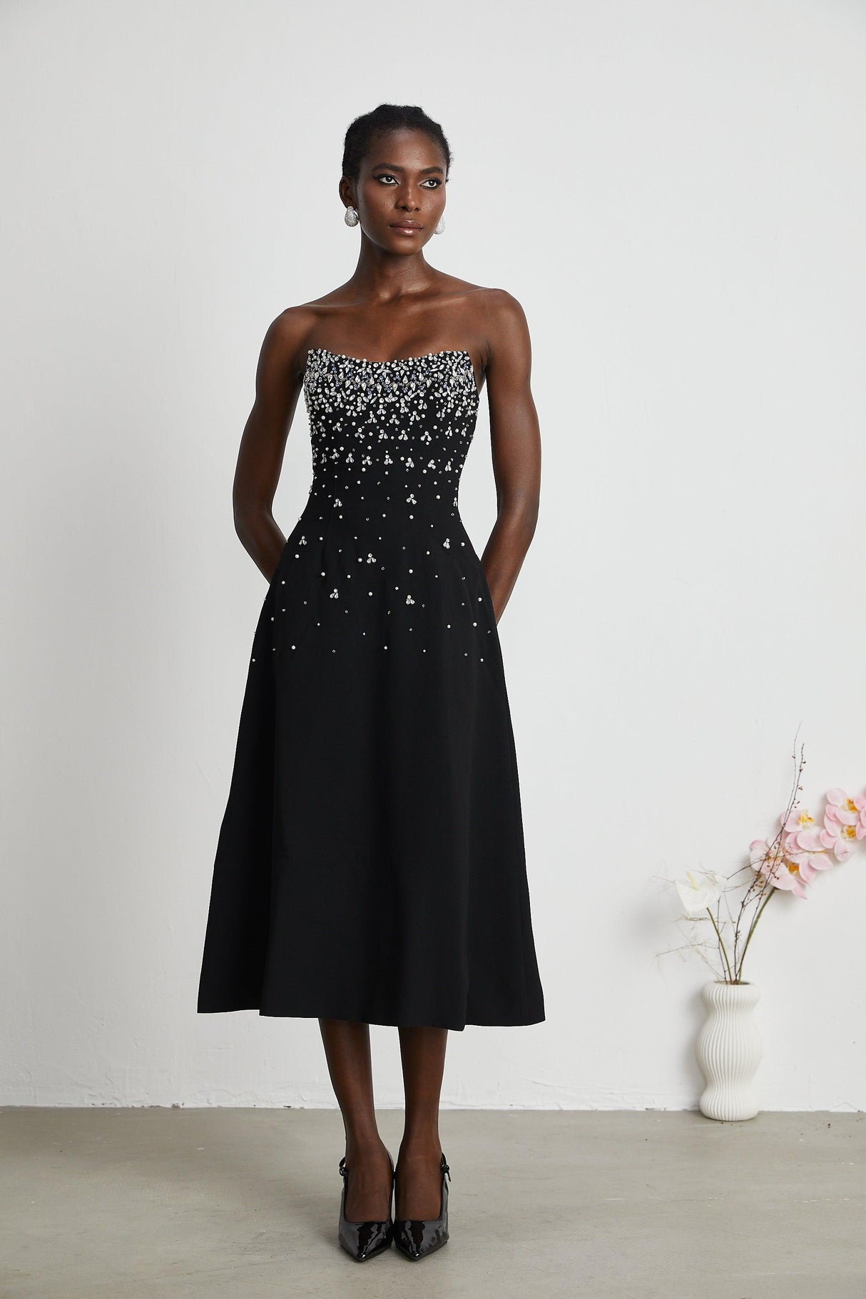 Aurohaya Melisande black embellished midi dress