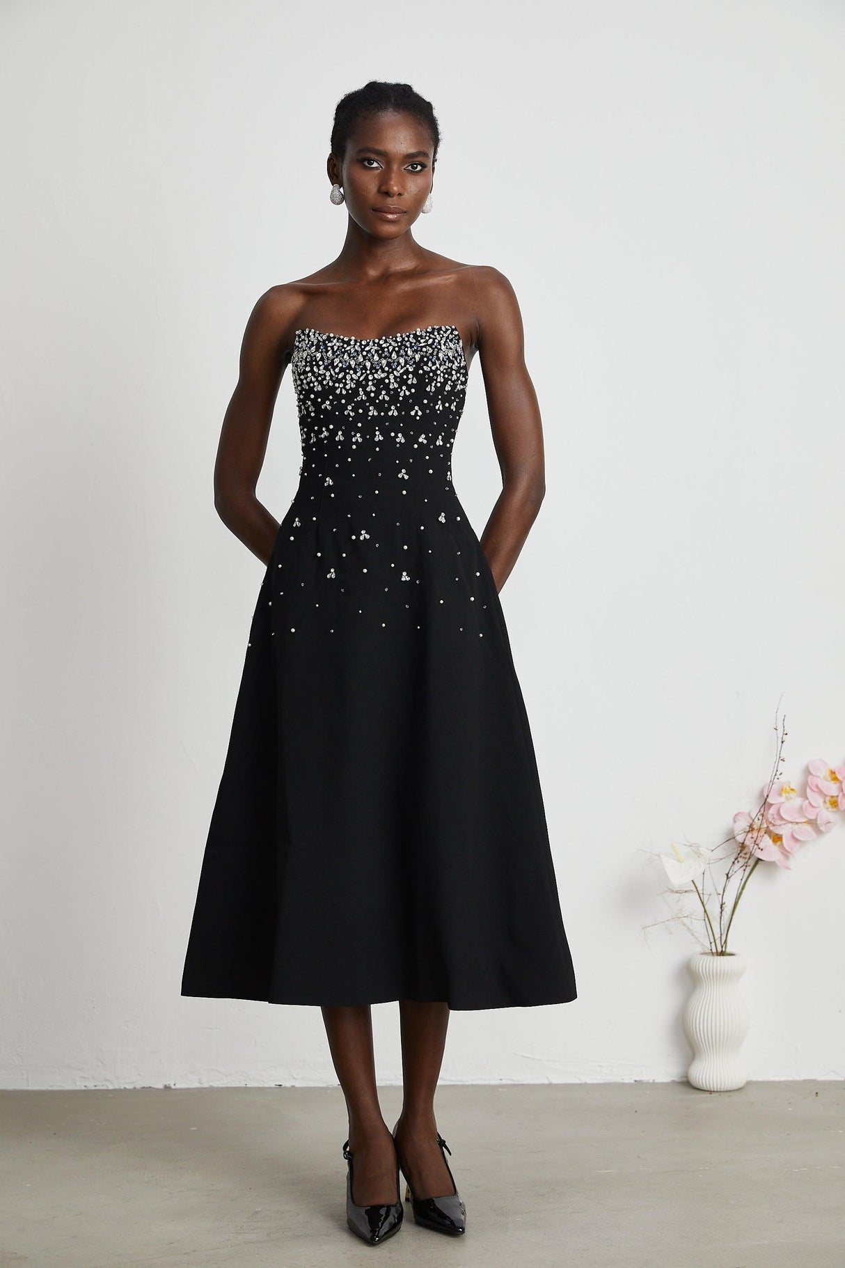 Aurohaya Melisande black embellished midi dress