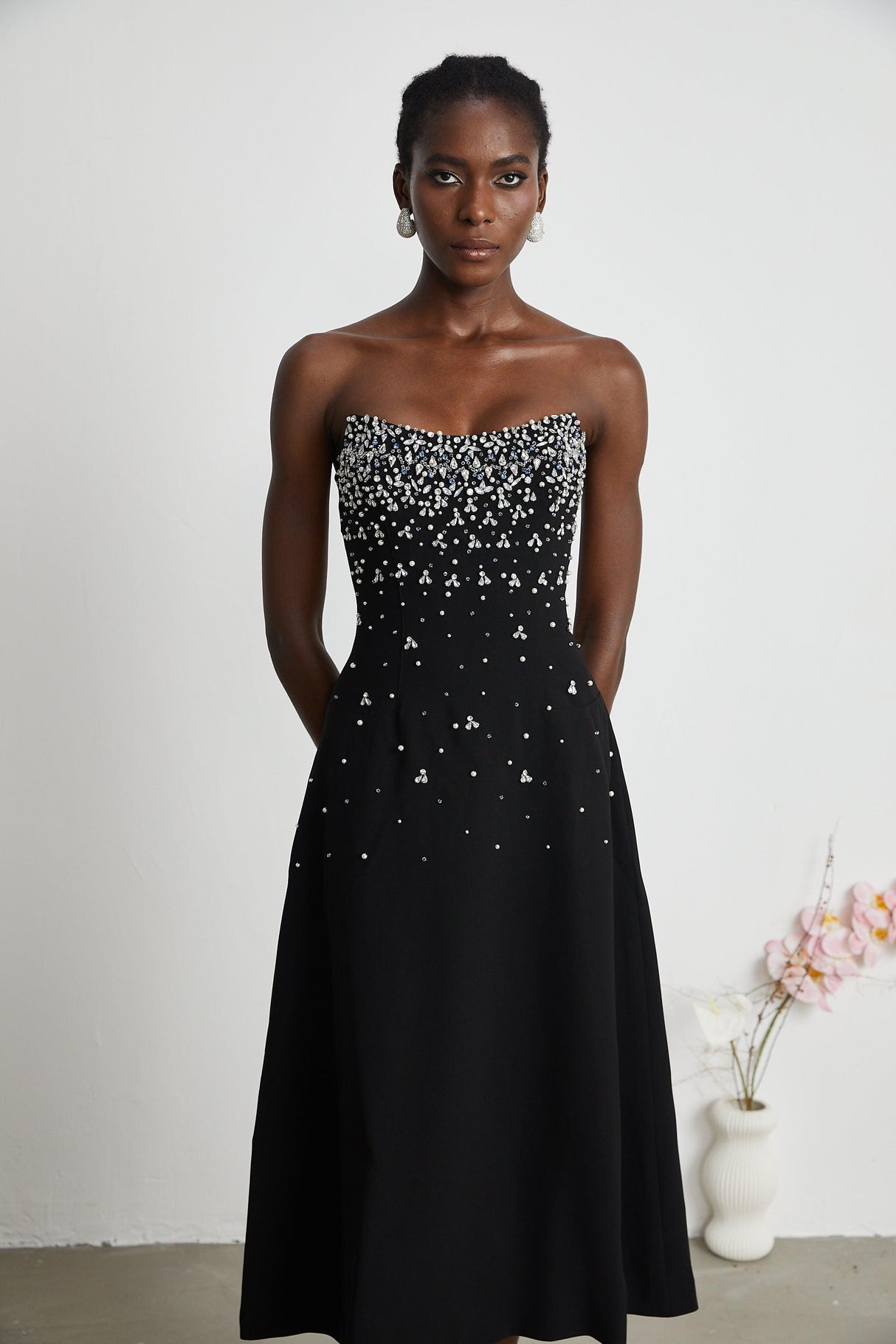 Aurohaya Melisande black embellished midi dress