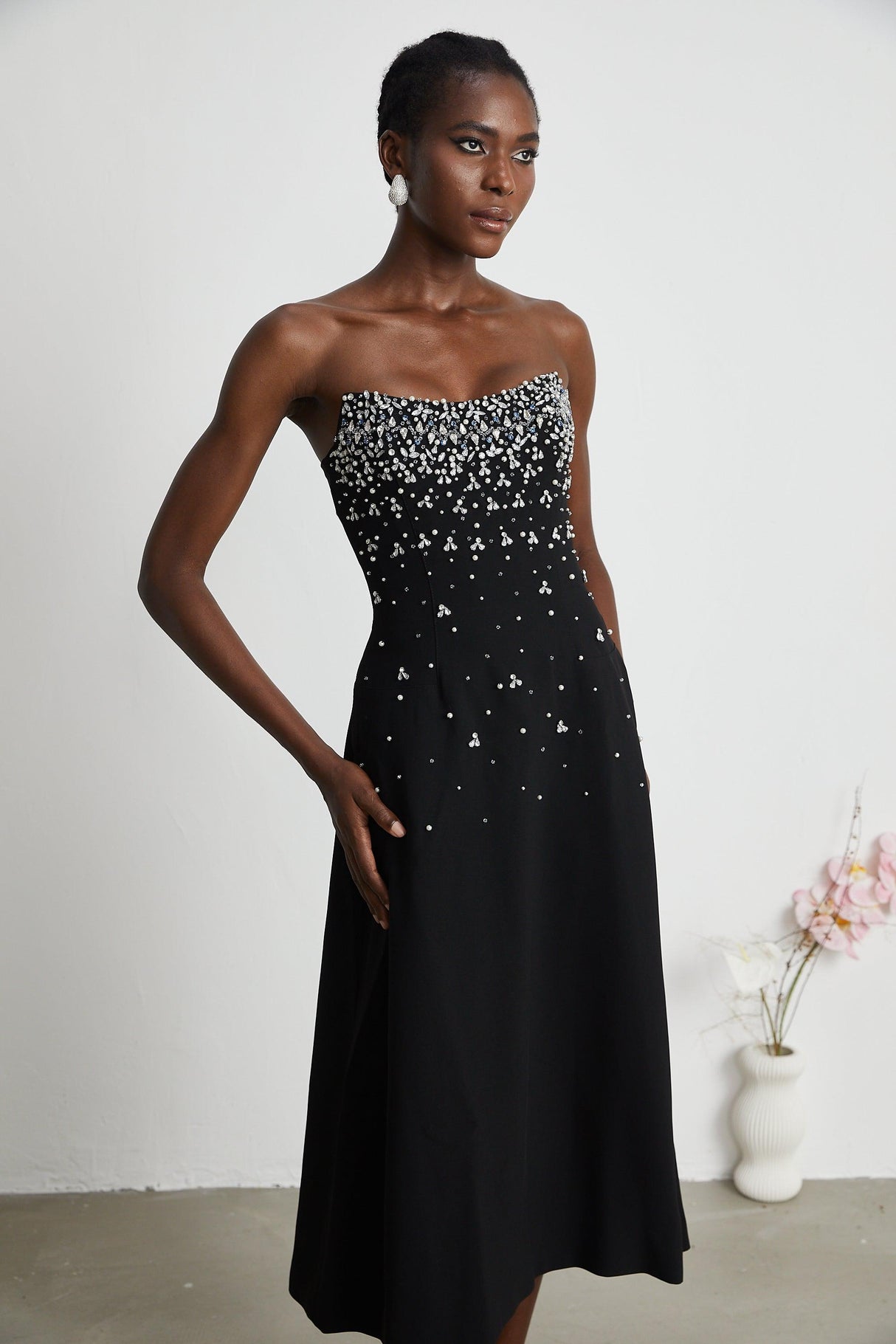 Aurohaya Melisande black embellished midi dress Black
