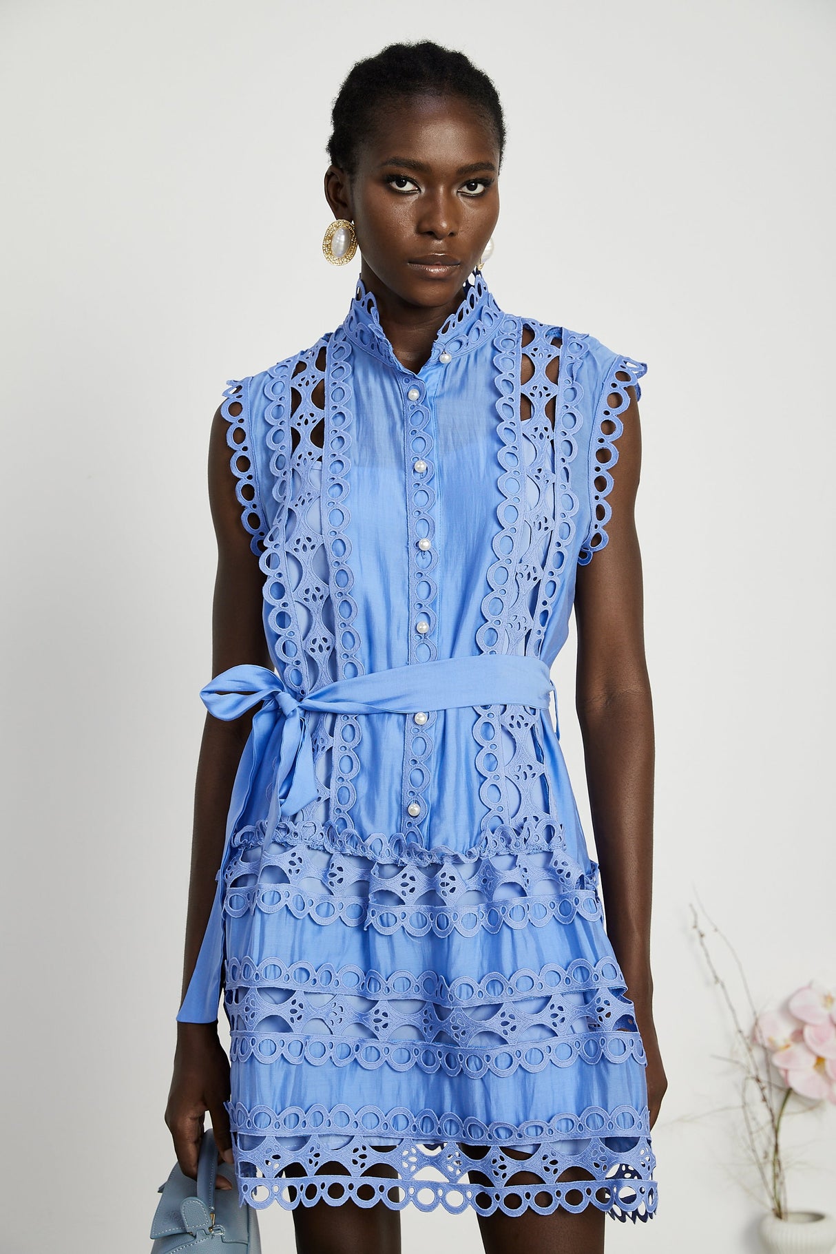 Aurohaya Mireille Blue Cut-out Belted Mini Dress