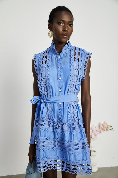 Aurohaya Mireille Blue Cut-out Belted Mini Dress