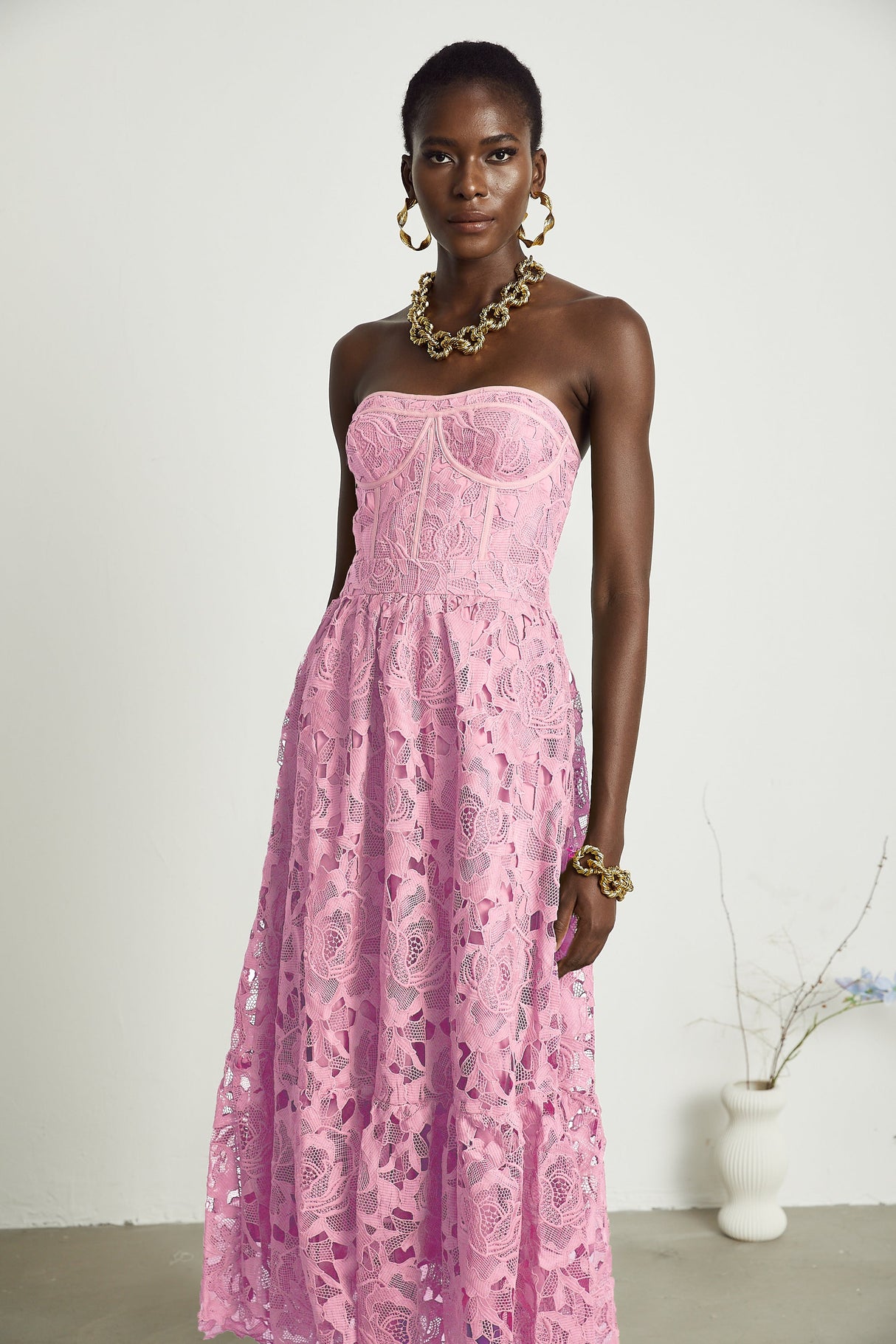 Aurohaya Inès lace floral embroidered cut-out midi dress in Pink