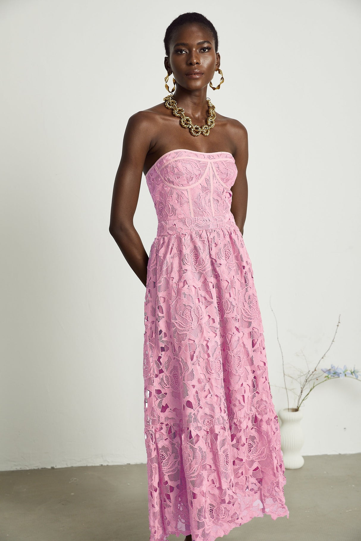 Aurohaya Inès lace floral embroidered cut-out midi dress in Pink