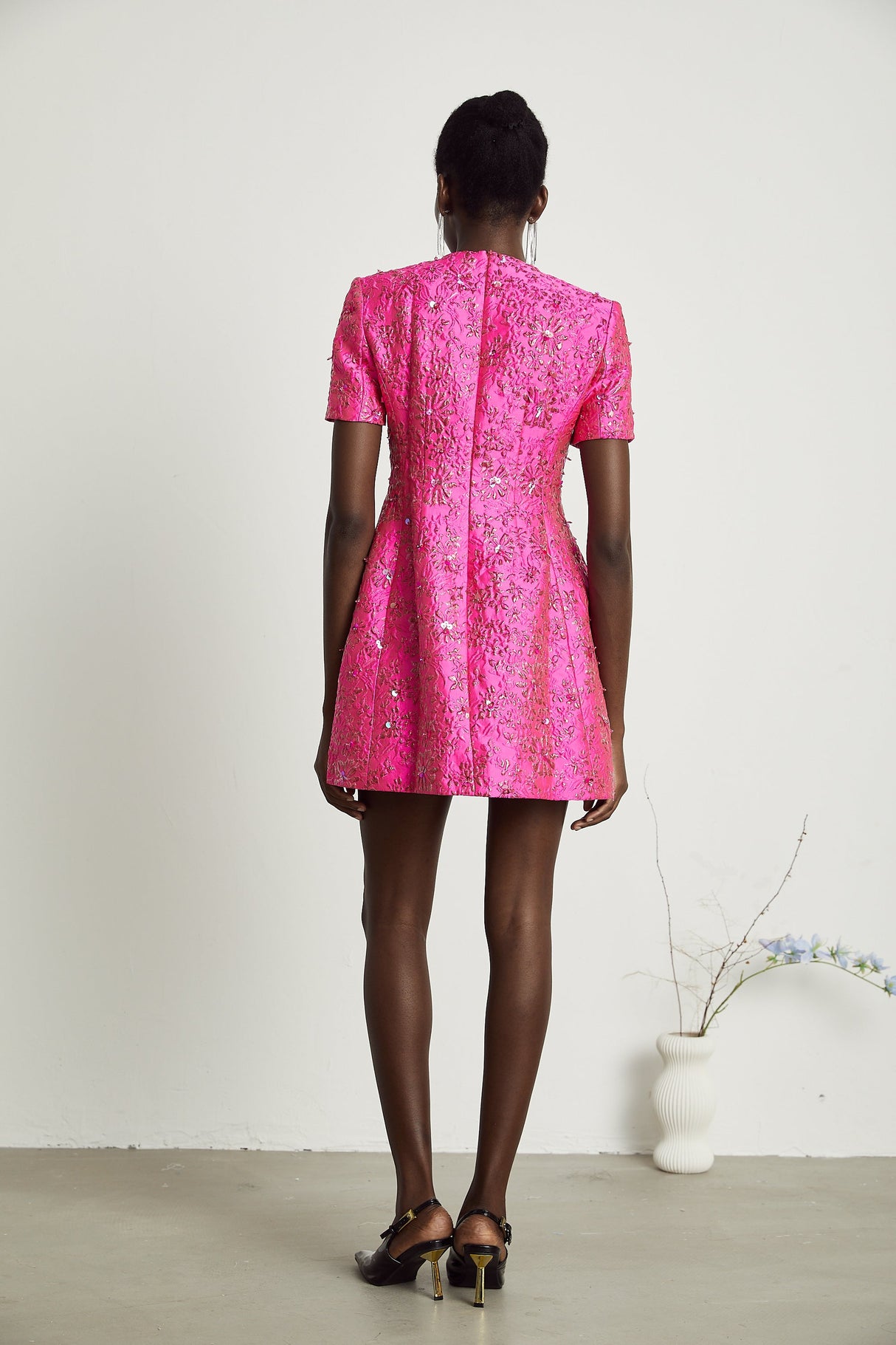 Aurohaya Celestia Floral-Appliqué Embellished Mini Dress in Pink