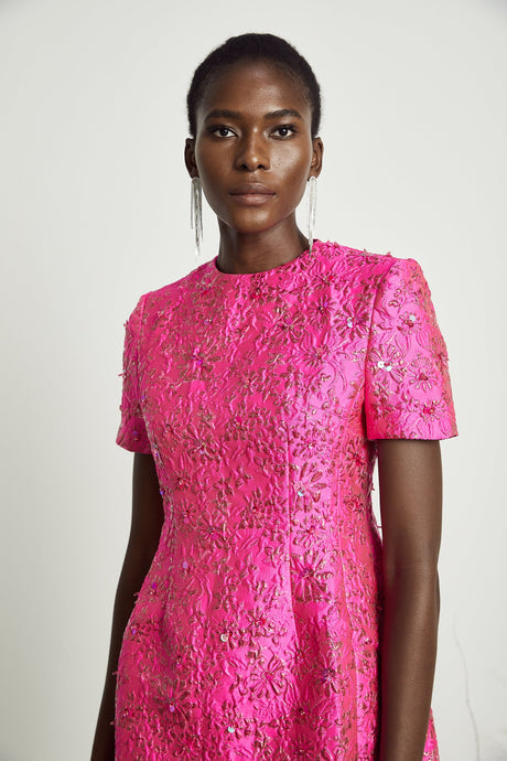 Aurohaya Celestia Floral-Appliqué Embellished Mini Dress in Pink