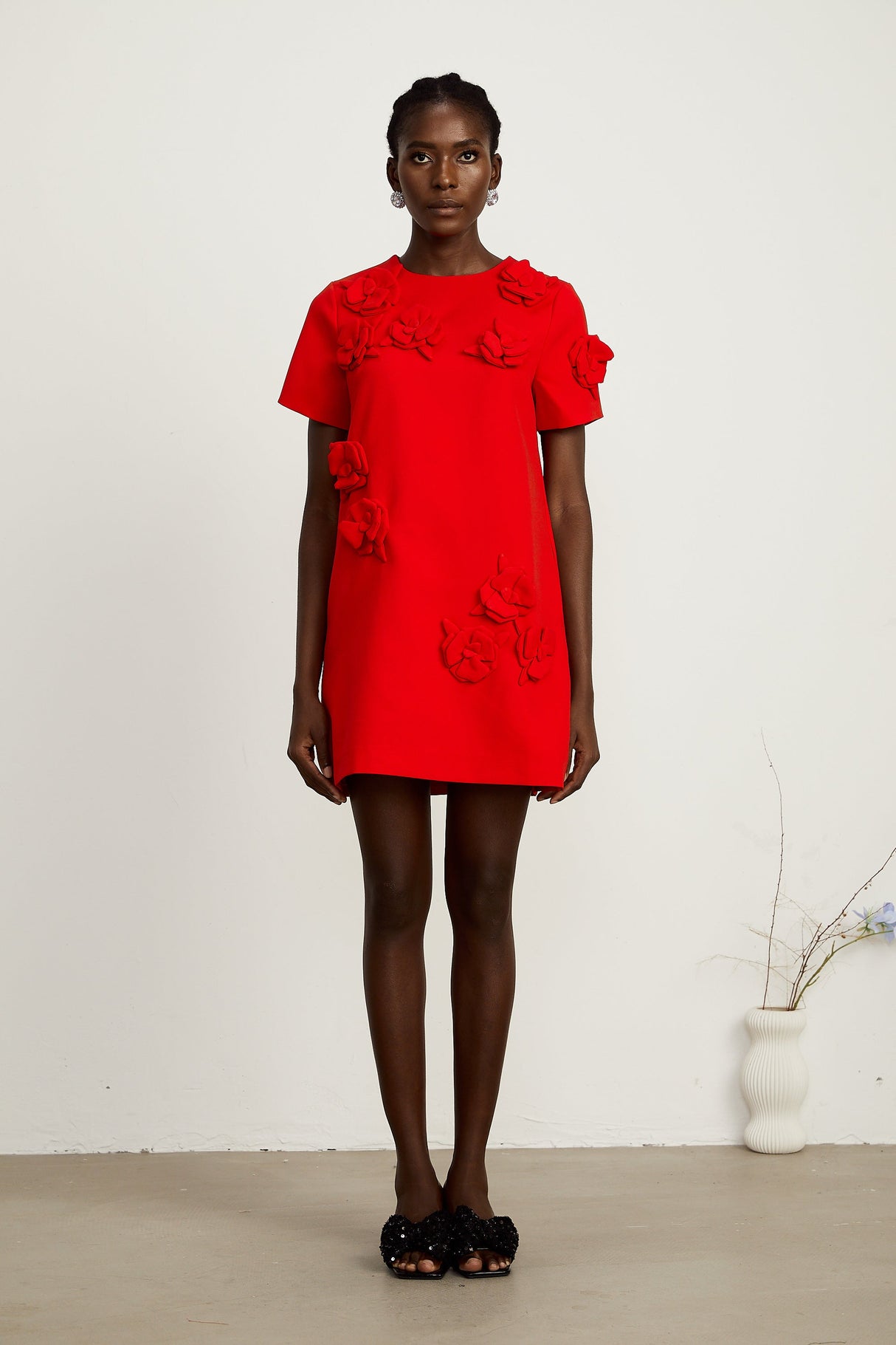 Aurohaya Calista red floral-detail short-sleeve mini dress