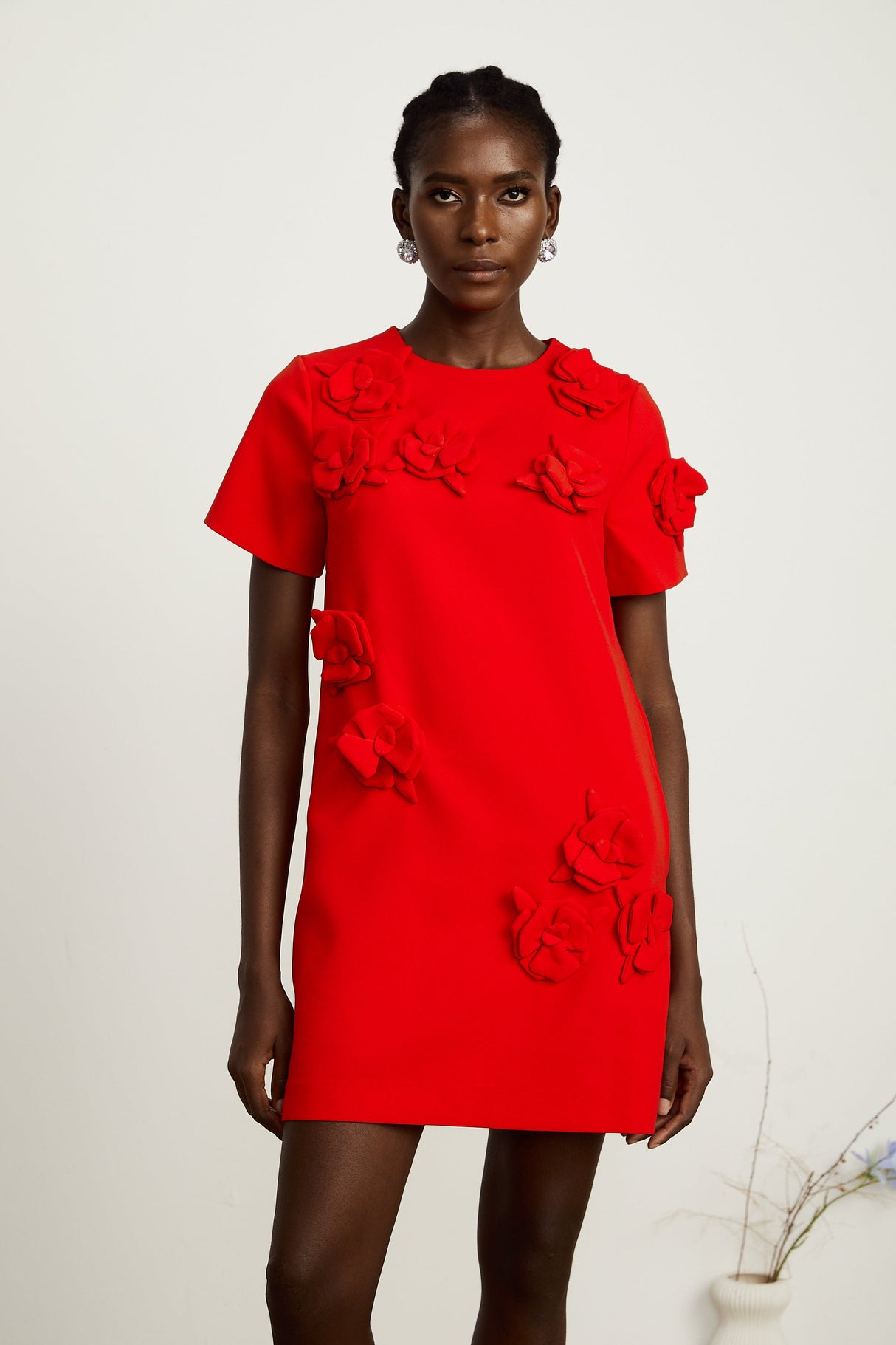 Aurohaya Calista red floral-detail short-sleeve mini dress