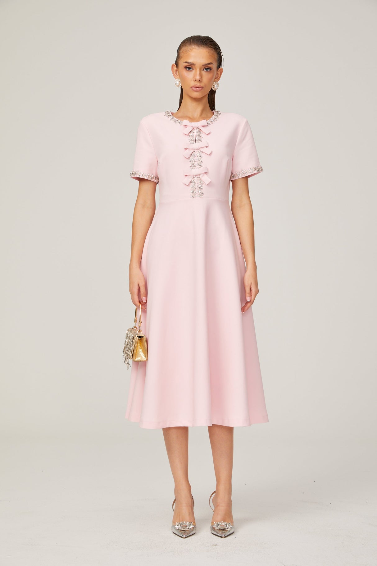 Aurohaya Cassi crystal-accented pink bow midi dress