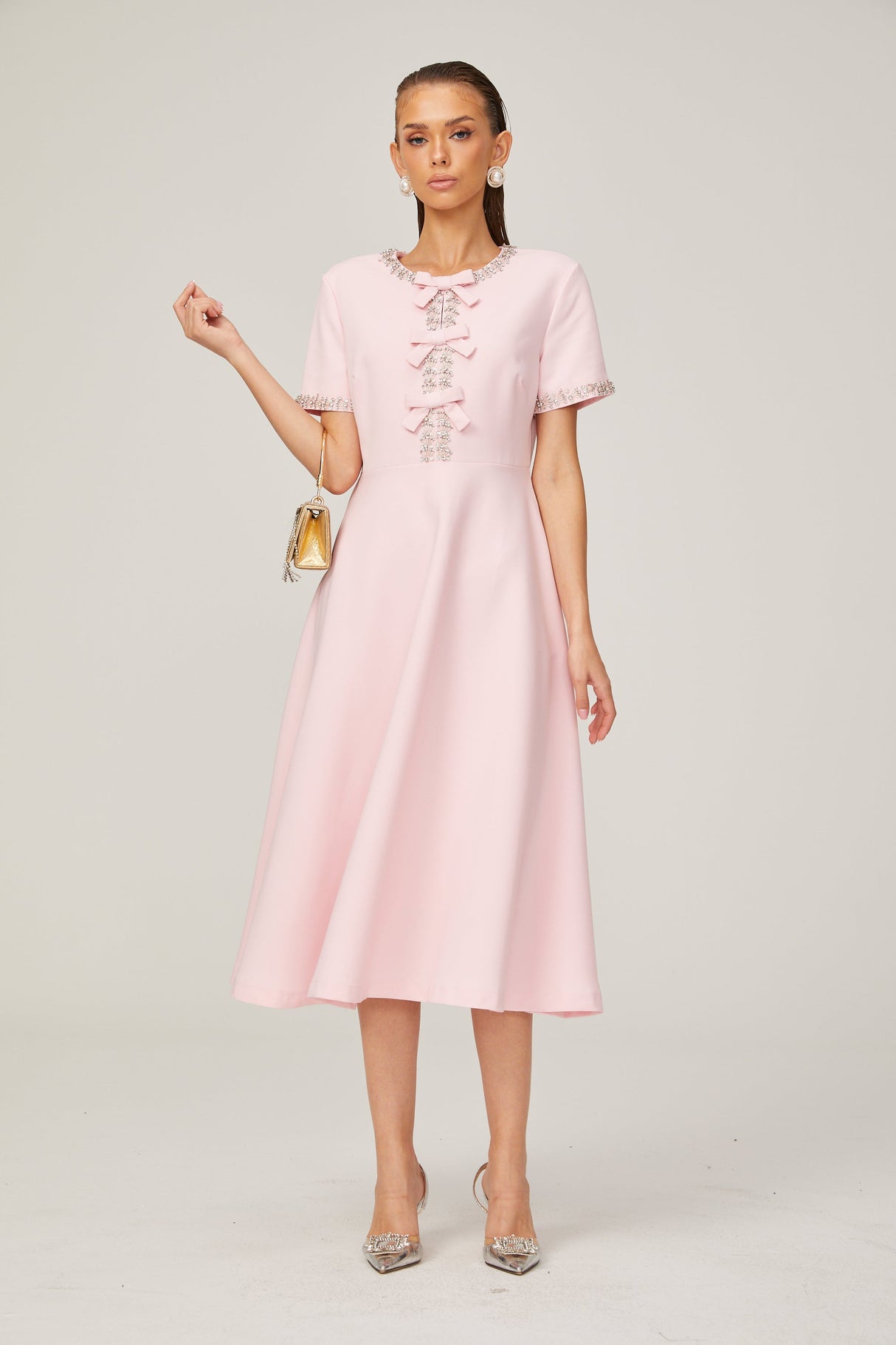 Aurohaya Cassi crystal-accented pink bow midi dress