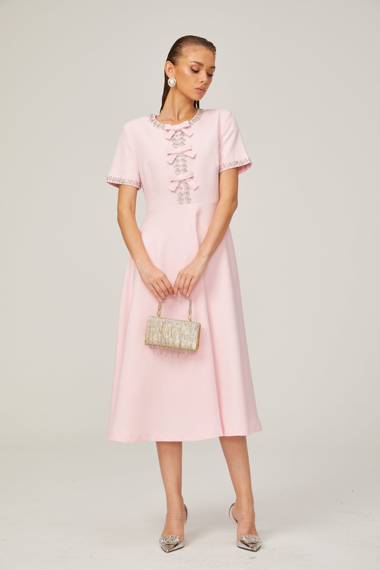 Aurohaya Cassi crystal-accented pink bow midi dress