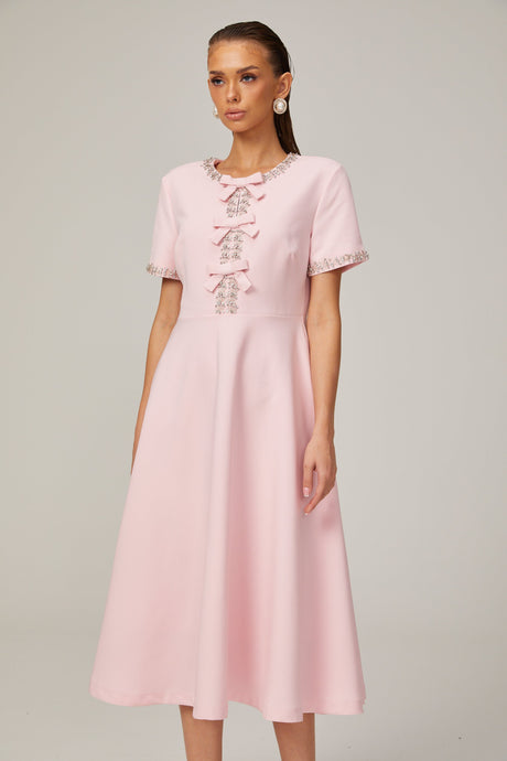 Aurohaya Cassi crystal-accented pink bow midi dress