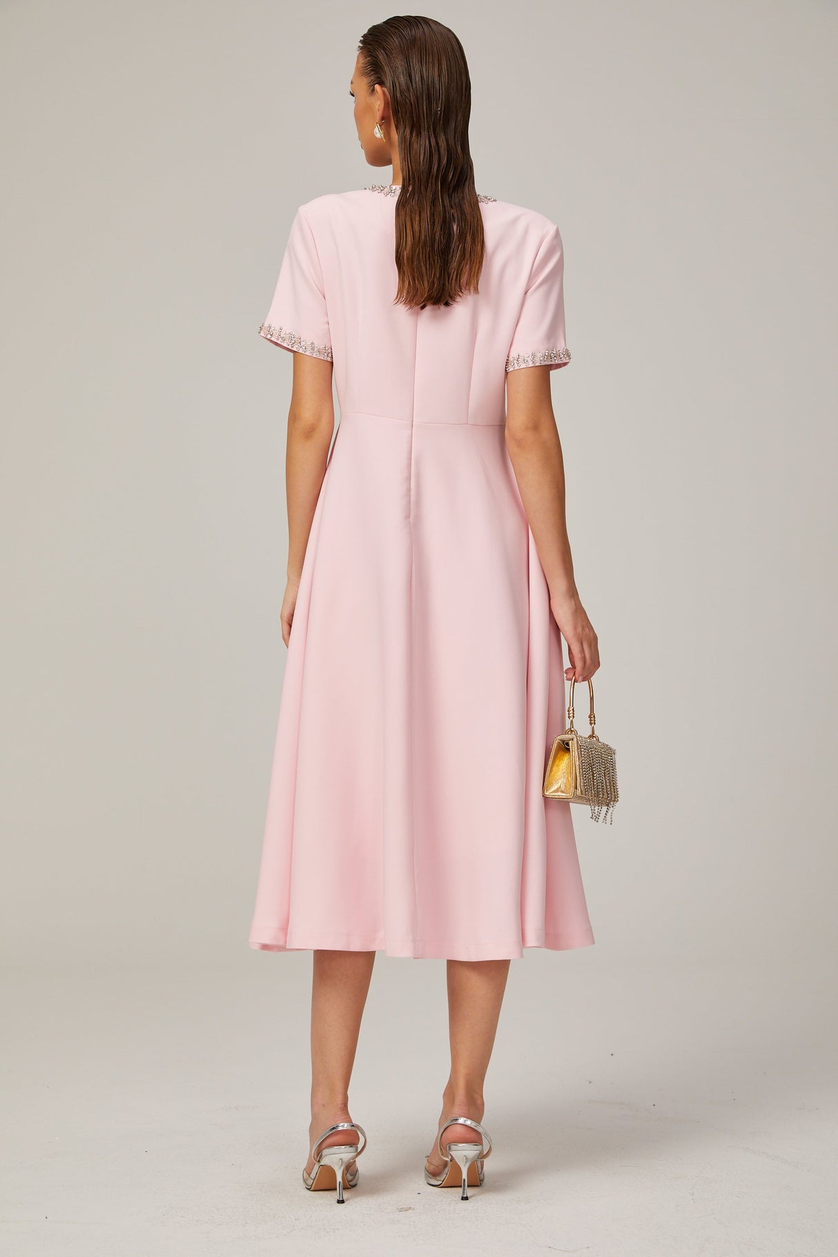 Aurohaya Cassi crystal-accented pink bow midi dress
