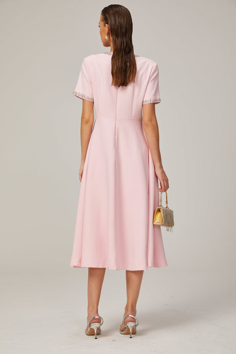 Aurohaya Cassi crystal-accented pink bow midi dress