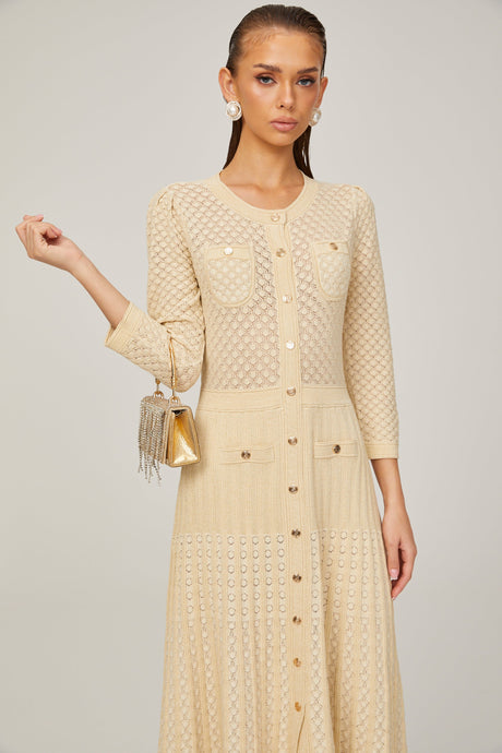 Aurohaya Élodie knitted long-sleeve midi dress in Neutrals