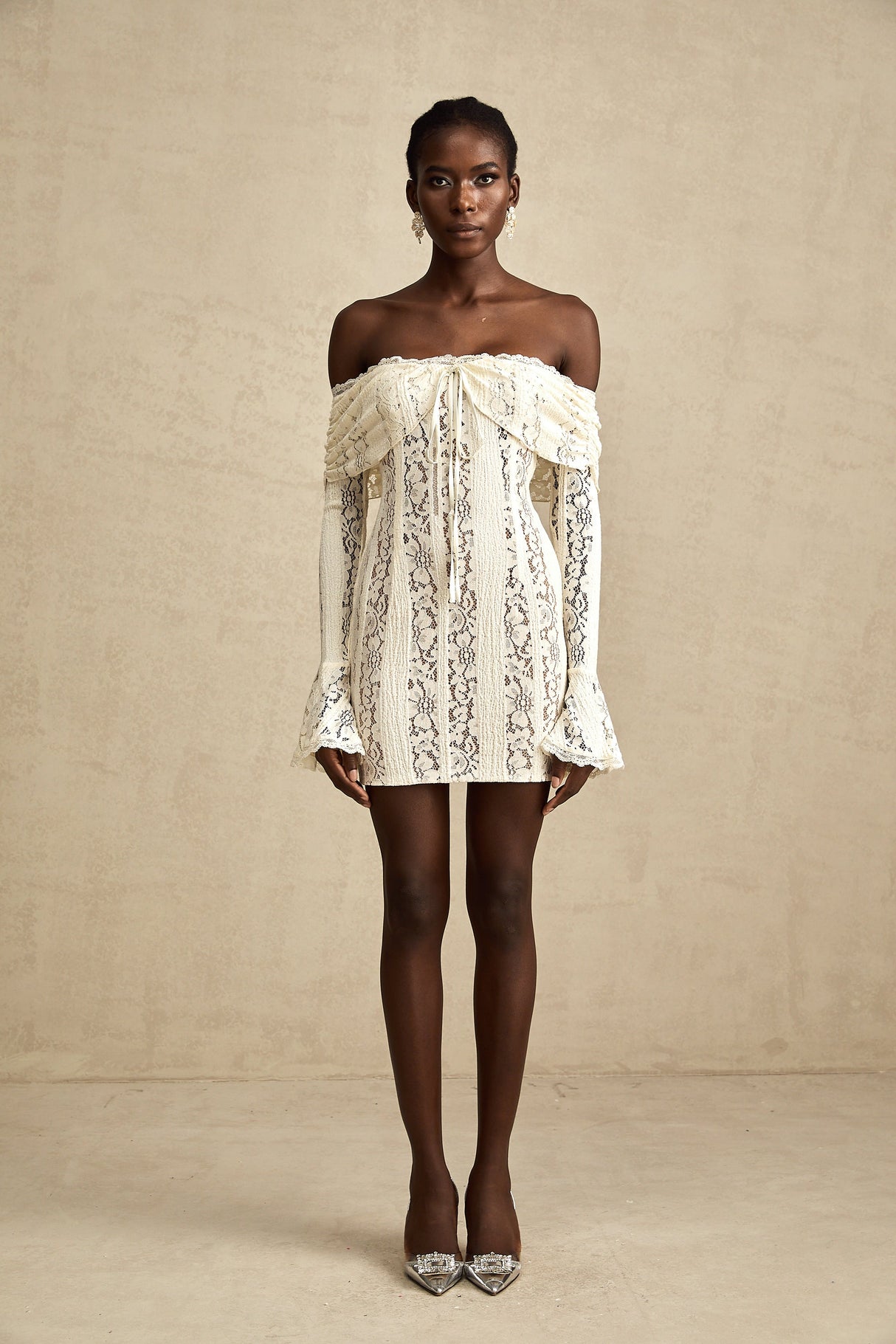 Aurohaya Émeline floral lace flared-cuff mini dress in Neutrals