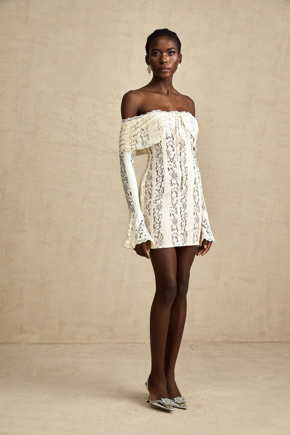 Aurohaya Émeline floral lace flared-cuff mini dress in Neutrals