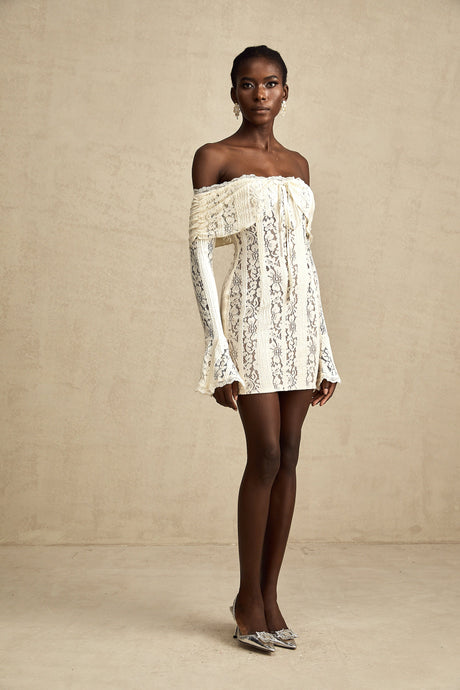 Aurohaya Émeline floral lace flared-cuff mini dress in Neutrals