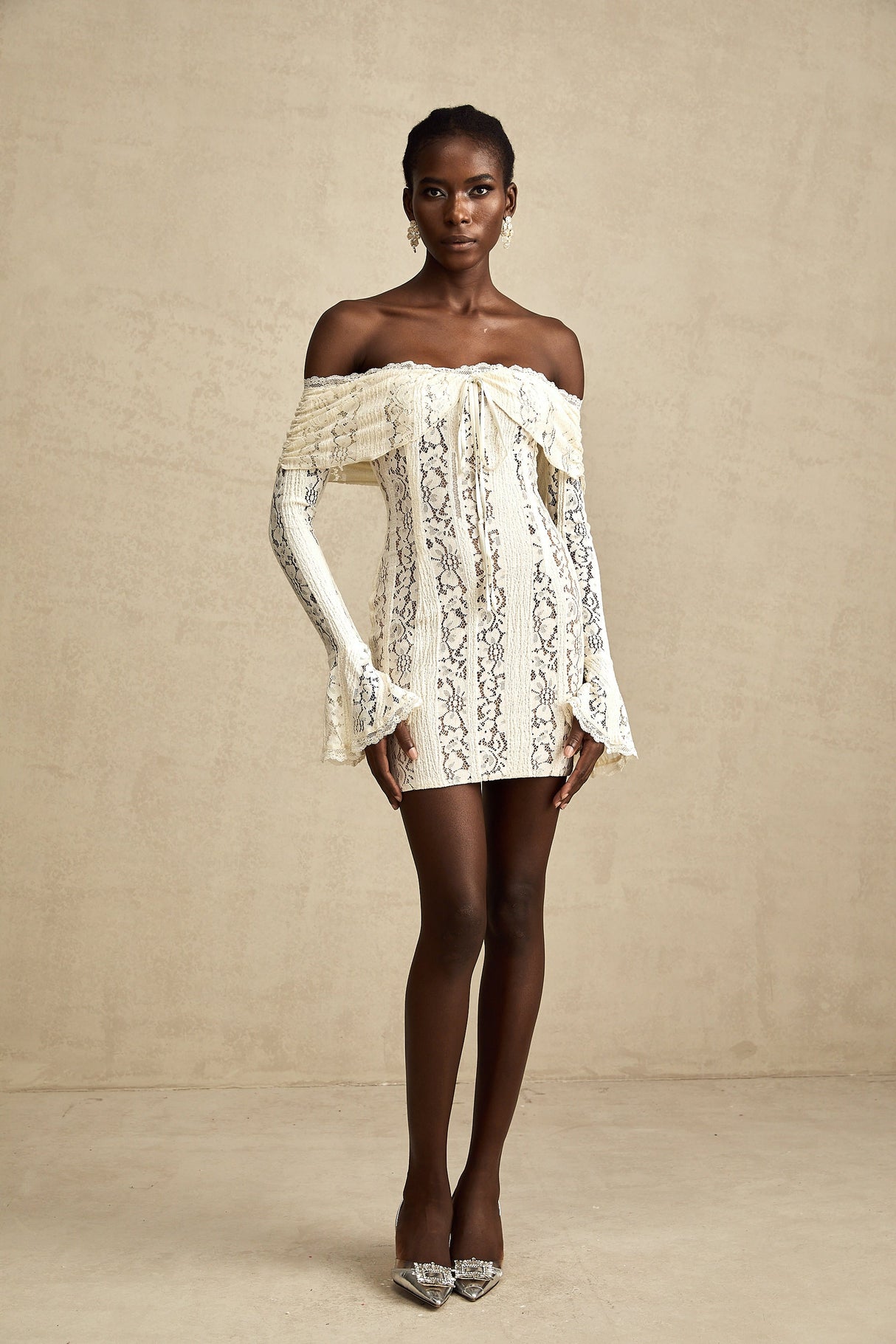 Aurohaya Émeline floral lace flared-cuff mini dress in Neutrals