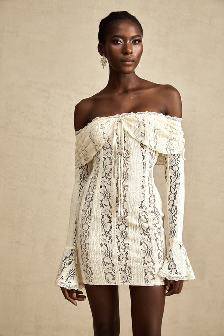 Aurohaya Émeline floral lace flared-cuff mini dress in Neutrals