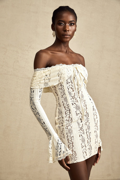 Aurohaya Émeline floral lace flared-cuff mini dress in Neutrals