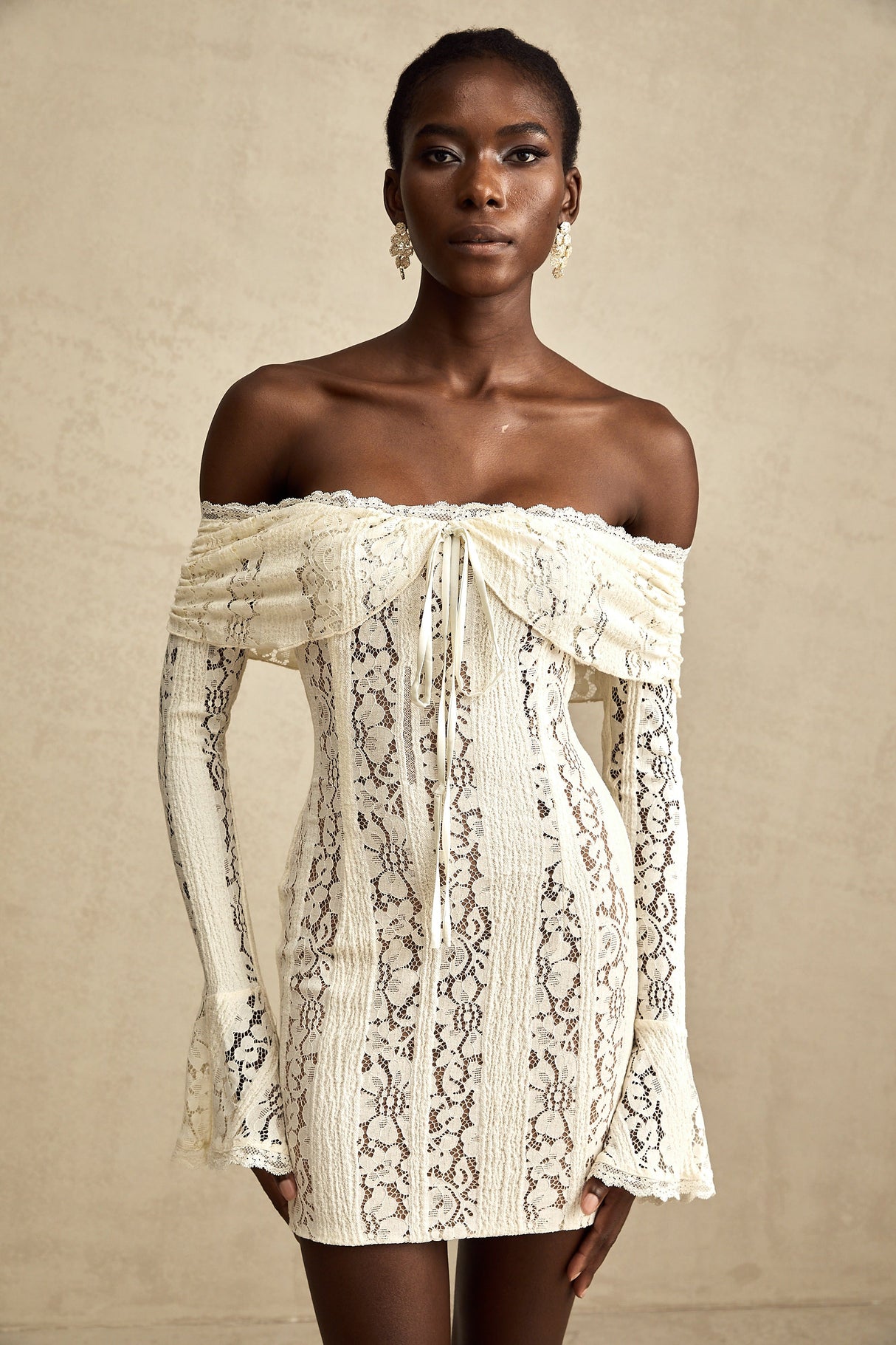 Aurohaya Émeline floral lace flared-cuff mini dress in Neutrals