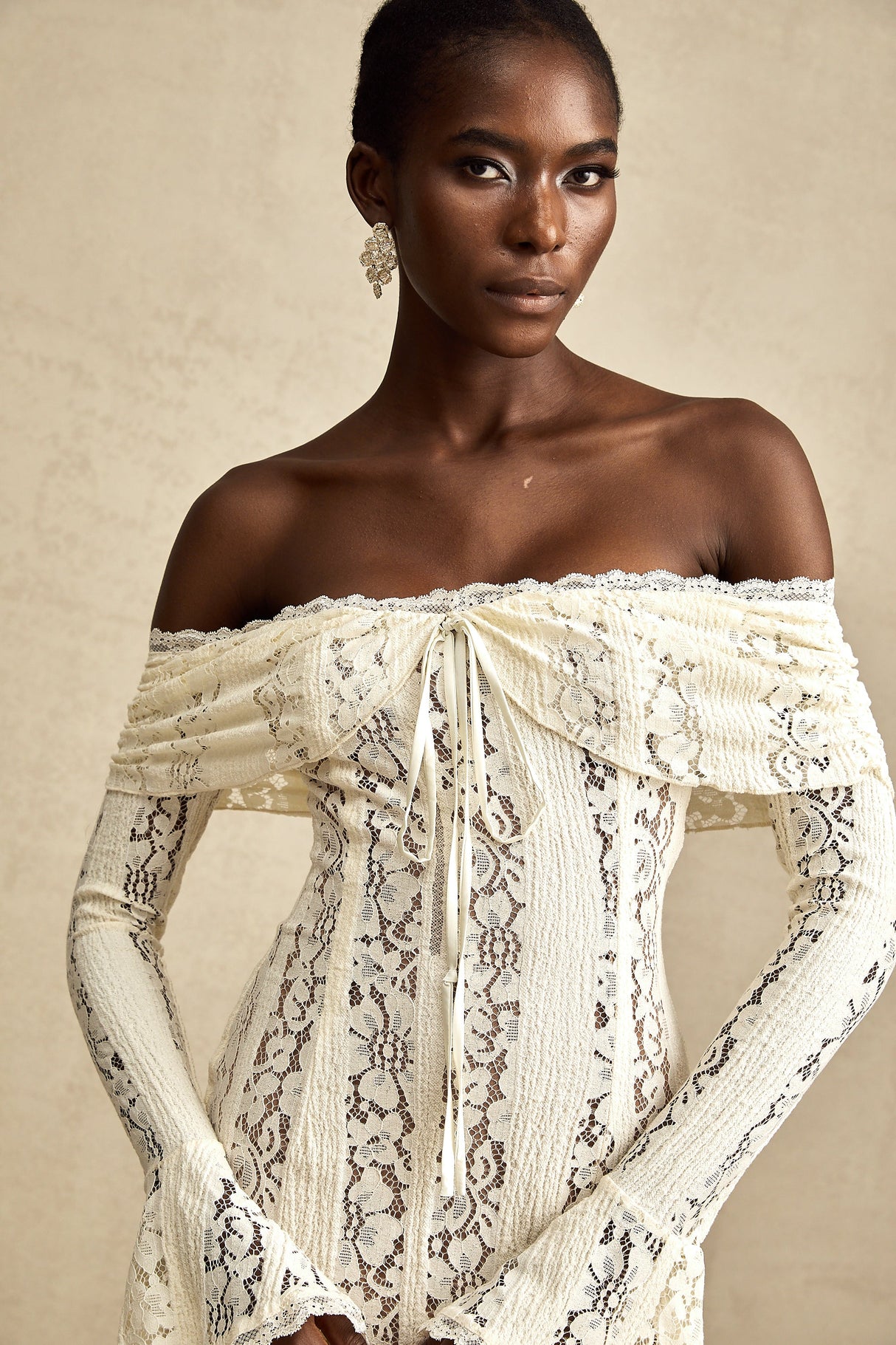 Aurohaya Émeline floral lace flared-cuff mini dress in Neutrals