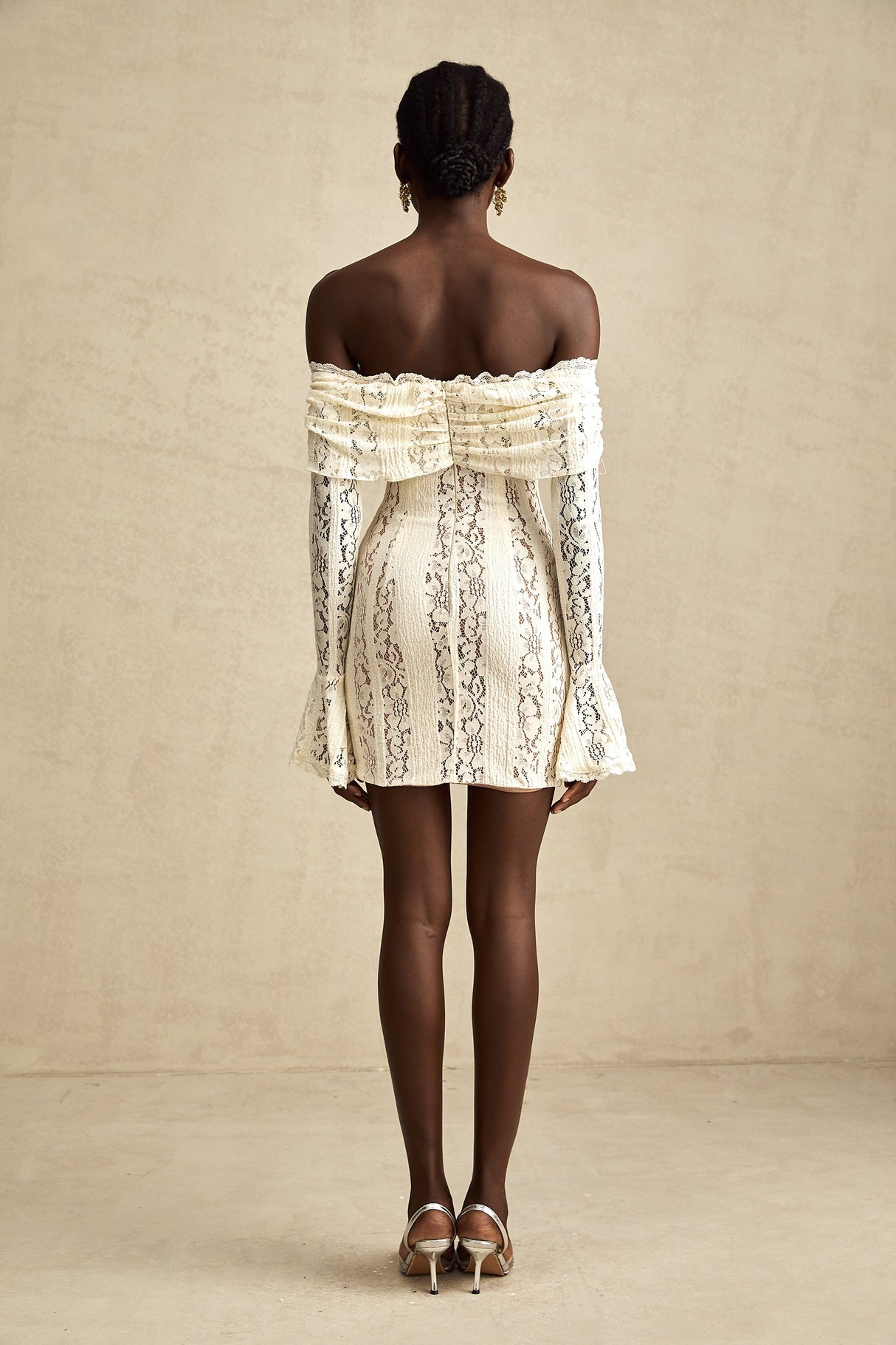 Aurohaya Émeline floral lace flared-cuff mini dress in Neutrals