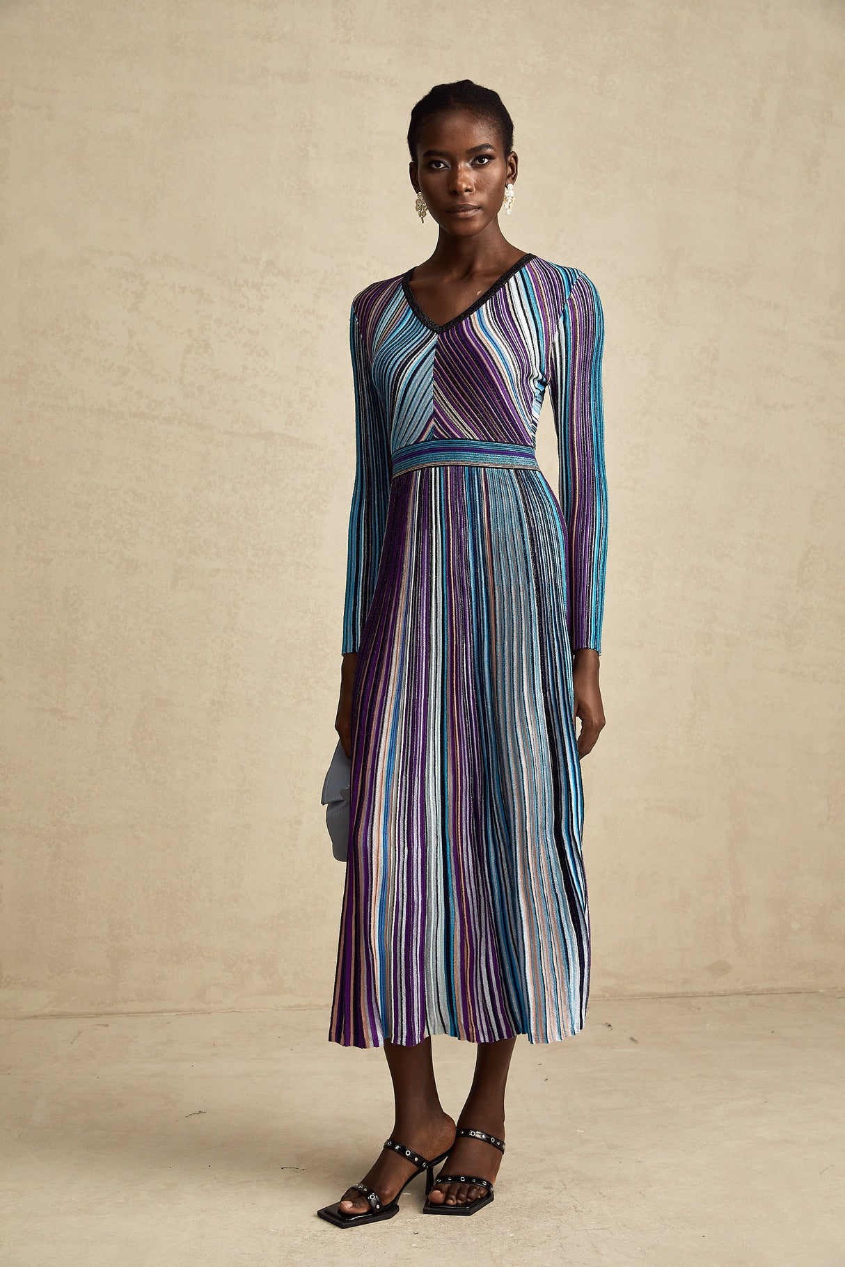 Aurohaya Mathilde metallic pleated midi dress in Blue