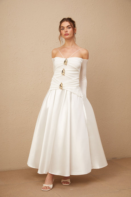 Aurohaya Noémie off-shoulder panelled maxi dress in White