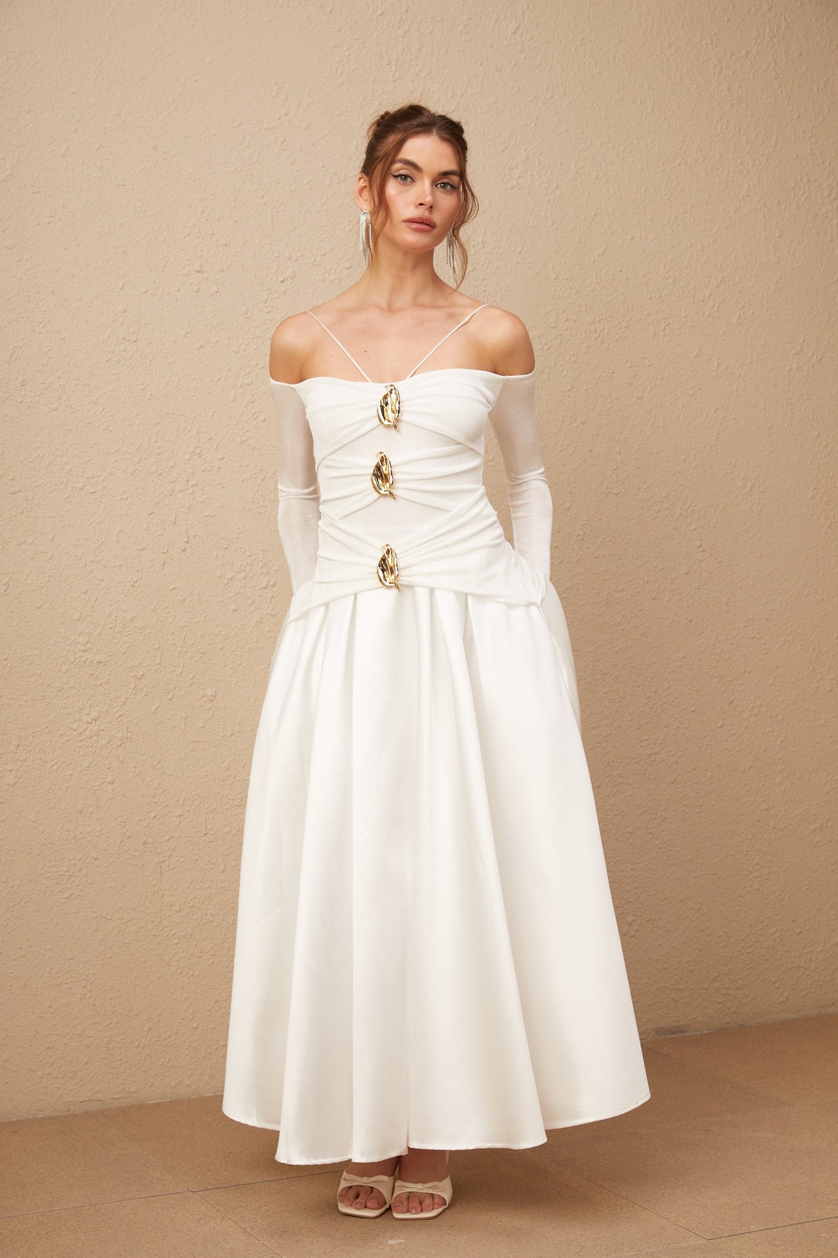 Aurohaya Nadine off-shoulder panelled maxi dress in White