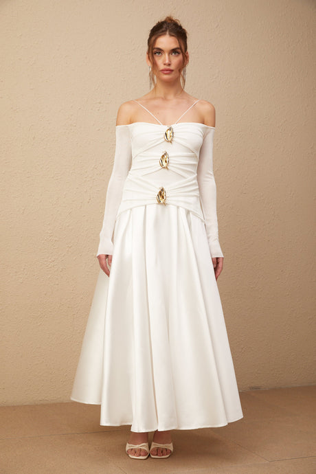 Aurohaya Noémie off-shoulder panelled maxi dress in White