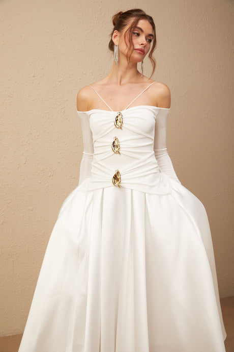 Aurohaya Noémie off-shoulder panelled maxi dress in White