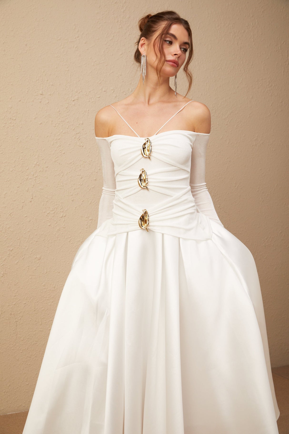Aurohaya Nadine off-shoulder panelled maxi dress in White
