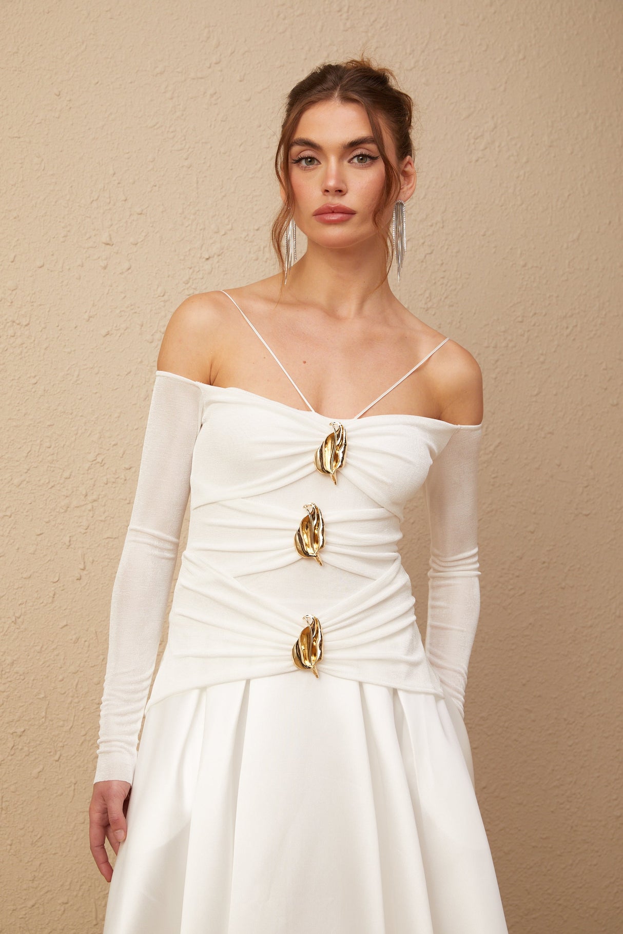 Aurohaya Nadine off-shoulder panelled maxi dress in White