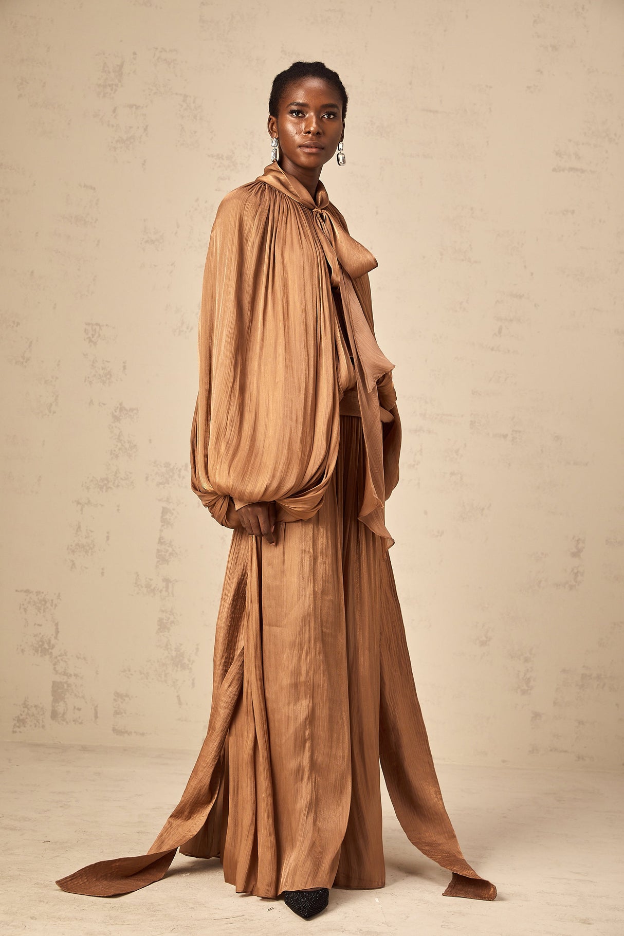 Aurohaya Mila Brown Pleated Satin Maxi Dress