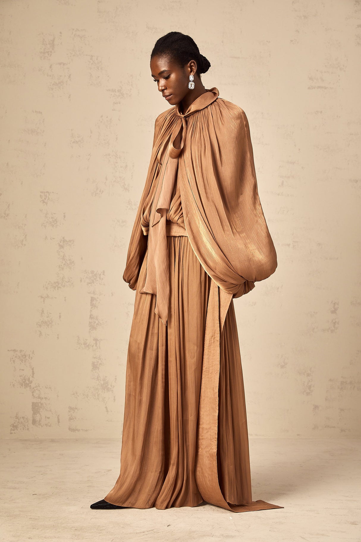 Aurohaya Mila Brown Pleated Satin Maxi Dress