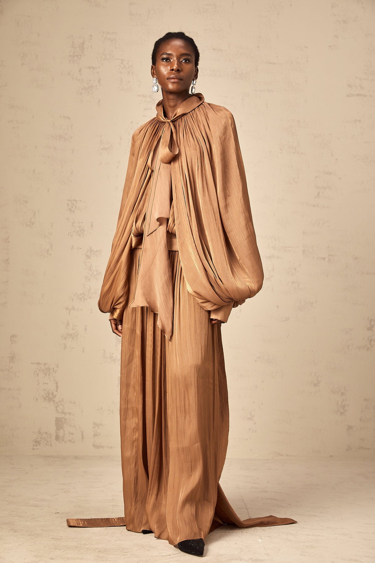 Aurohaya Mila Brown Pleated Satin Maxi Dress
