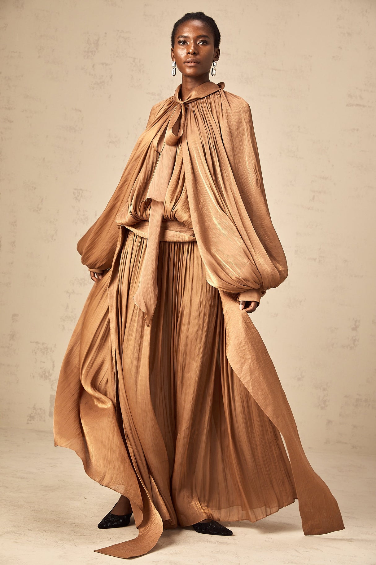 Aurohaya Mila Brown Pleated Satin Maxi Dress