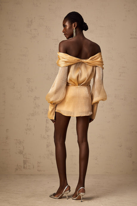 Aurohaya Adelina gold crystal-embellished panelled mini dress