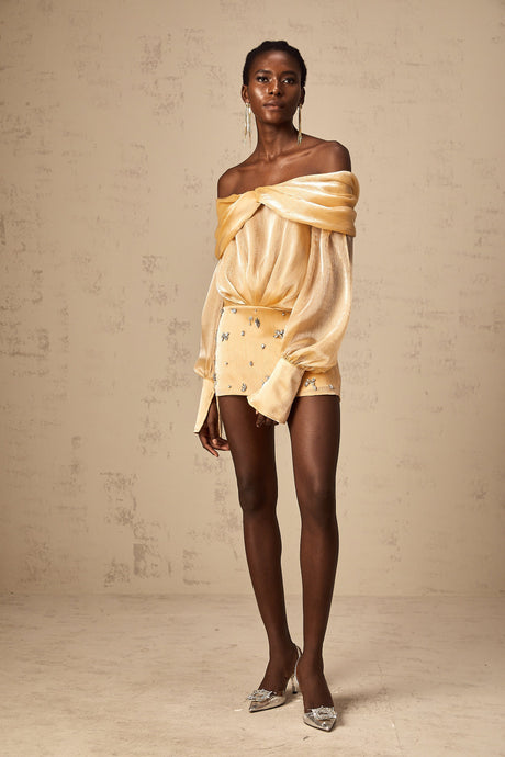 Aurohaya Adelina gold crystal-embellished panelled mini dress