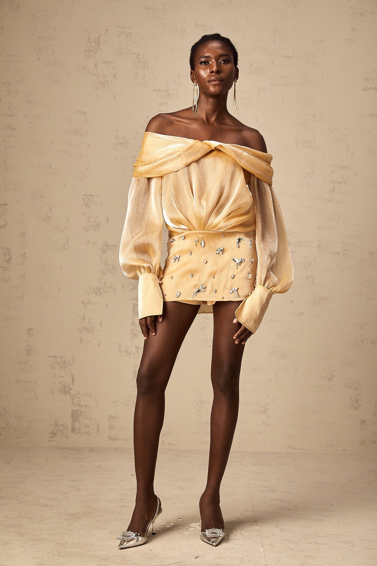 Aurohaya Adelina gold crystal-embellished panelled mini dress
