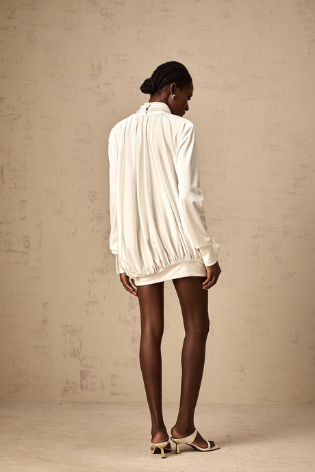 Aurohaya Maeva faux-flower ruched mini dress in White