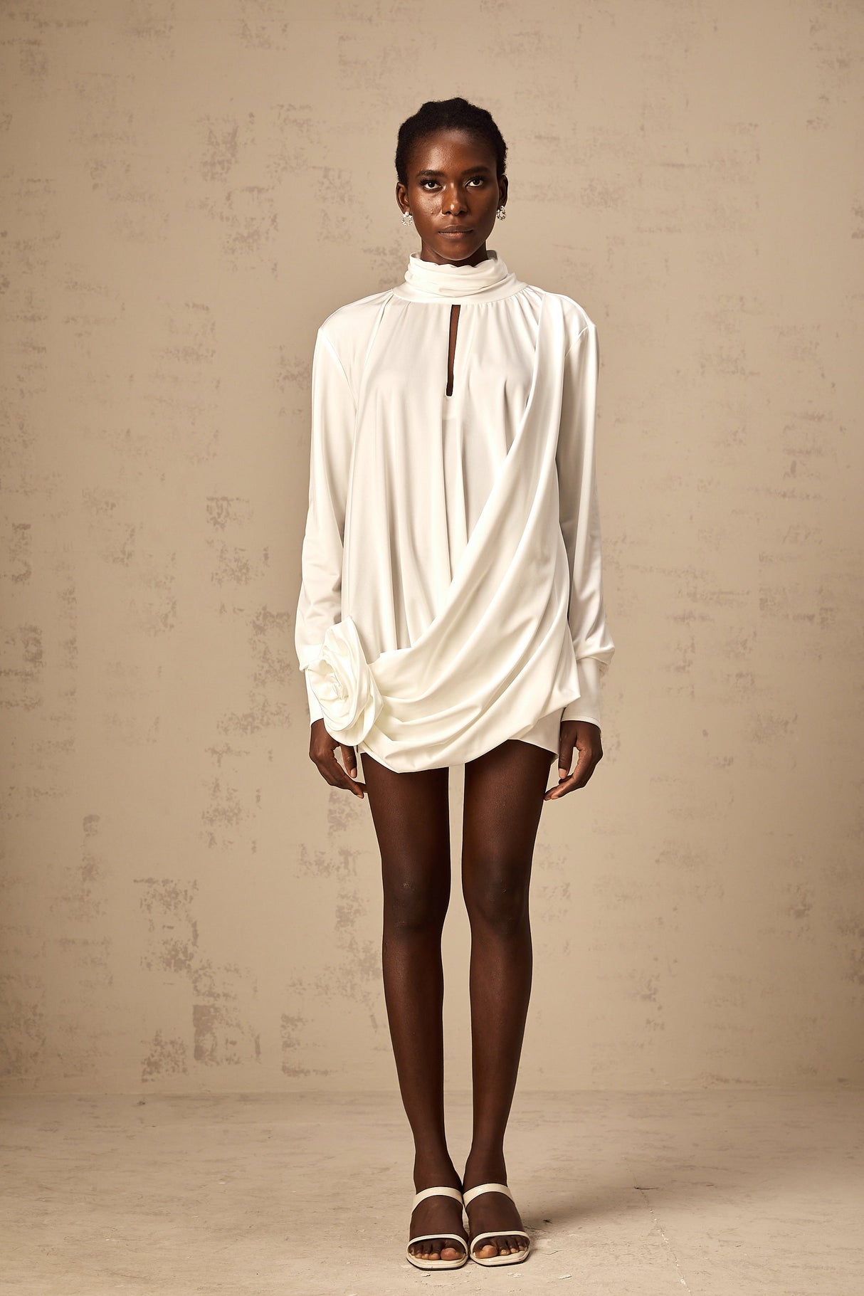 Aurohaya Maeva faux-flower ruched mini dress in White