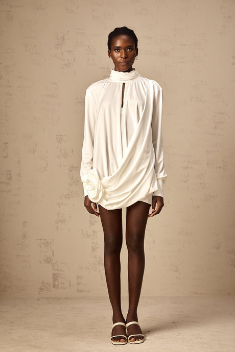 Aurohaya Maeva faux-flower ruched mini dress in White