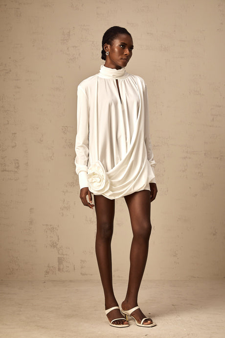 Aurohaya Maeva faux-flower ruched mini dress in White