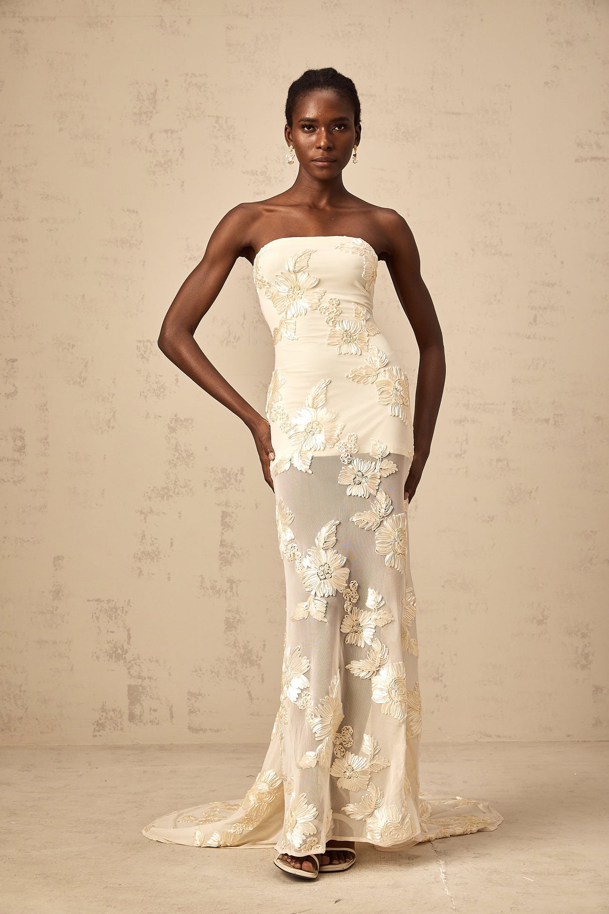 Aurohaya Melanie neutrals embroidered off-shoulder maxi dress