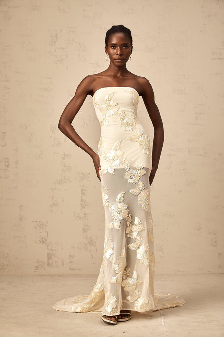 Aurohaya Melanie neutrals embroidered off-shoulder maxi dress